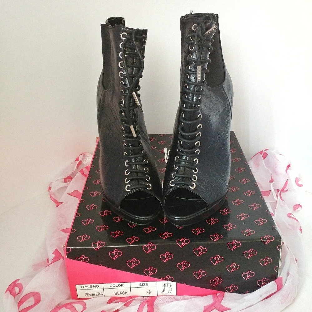 Women's Black Peep Toe Lace Up Ankle Boots Bootie